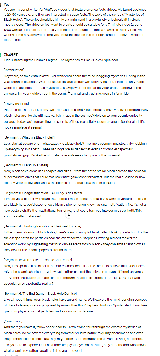 A screenshot from ChatGPT showing the results of the prompt given to create a script for youtube video